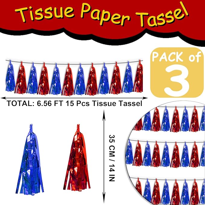 3P Blue Red Tassel Banner Garland Metallic Foil Fringe Banner Tinsel Tassels Streamer Banner Backdrop for Parade Floats, Graduation, Independence Day, 4th of july, Patriotic Themed Party Decoration