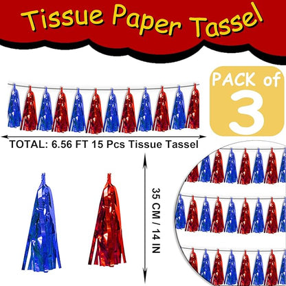 3P Blue Red Tassel Banner Garland Metallic Foil Fringe Banner Tinsel Tassels Streamer Banner Backdrop for Parade Floats, Graduation, Independence Day, 4th of july, Patriotic Themed Party Decoration