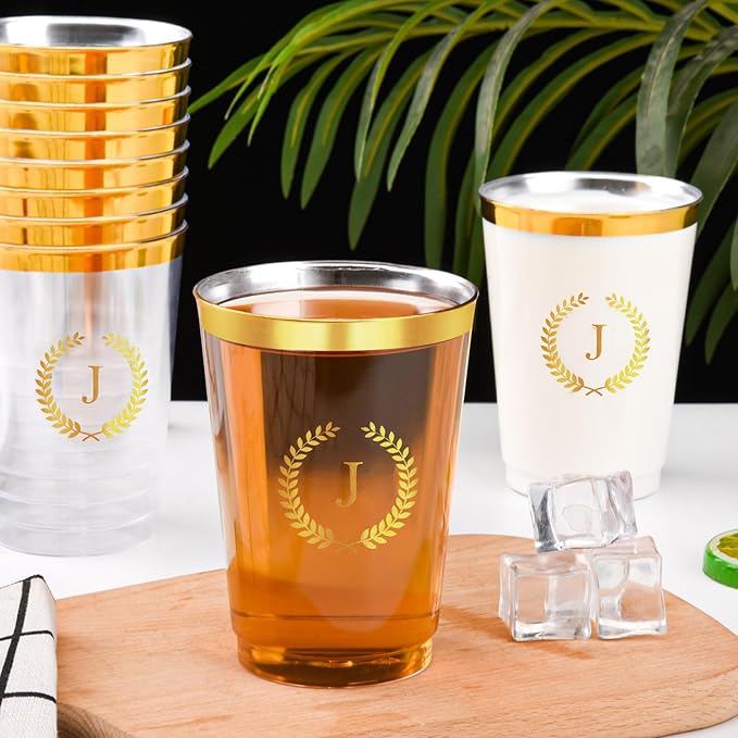 100 Pieces Monogrammed Plastic Cups Gold Foil Letter J Disposable Cups 12 oz Clear Initial Party Cups for Wedding Birthday Baby Shower Personalized Party Drinkware