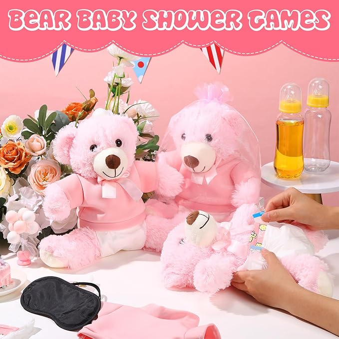 Soulchen 6 Set Bear Blindfolded Diaper Changing Baby Shower Games 14 Inch Bear Plushes with Dolls Diapers Bottles Shirts for Gender Reveal Bridal Shower Game Prize Gift Guest Adult(Pink)