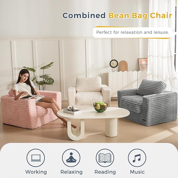 MAXYOYO Bean Bag Chair for Adults, Upholstered Floor Sofa with Pillows and Armrests, Bean Bag Sofa Plush Chair Couch for Bedroom Living Room, Dark Grey
