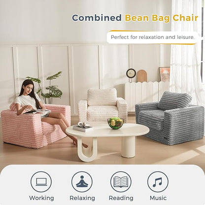 MAXYOYO Giant Bean Bag Chair for Adults, Upholstered Floor Sofa with Pillows and Armrests, Large Bean Bag Sofa Plush Chair Bean Bag Couch for Bedroom Living Room, White
