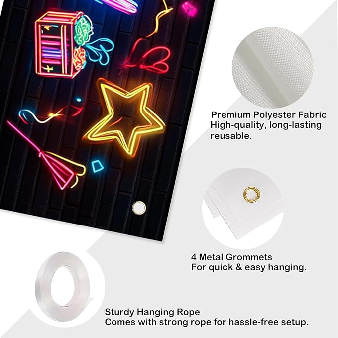 Nuxovilar Happy Birthday Banner Decorations 17.72x78.74 Inch Neon Gift Theme - Polyester for Indoor Outdoor Birthday Party Decor