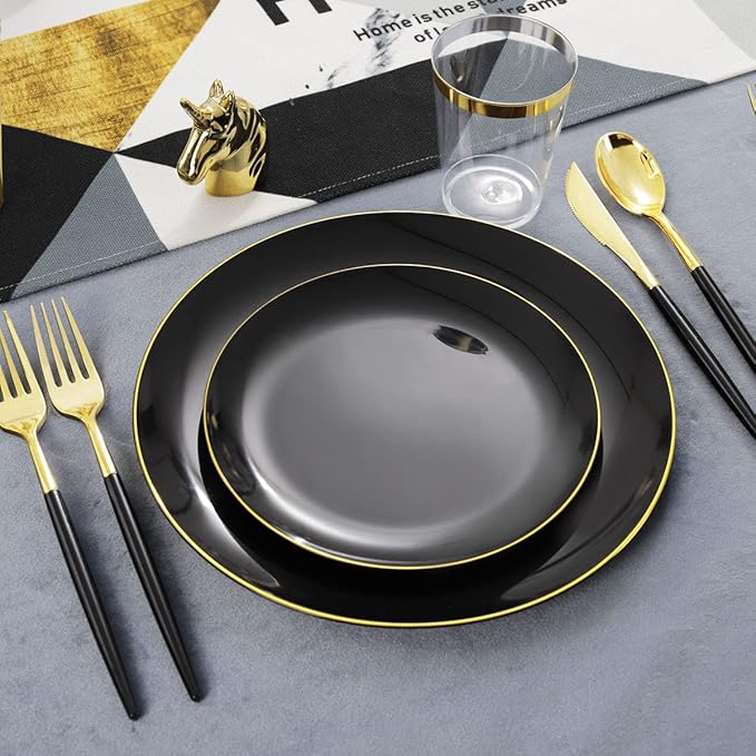 LIYH 180 Pcs Black Plastic Dinnerware Set with Gold Silverware,Halloween Plates, Black Plastic Plates Disposable, Heavyduty Gold Utensils Set for Parties,Halloween Happy New Year 30 Guests