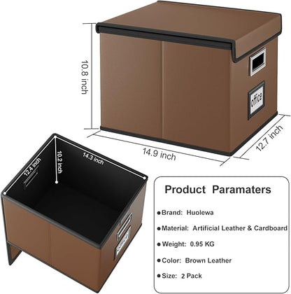 Huolewa File Organizer Boxes with Lids, Collapsible Faux Leather Hanging File Folder Box Organizer with Plastic Slide, Decorative Home/Office Filing System Boxes for File and Folders Storage
