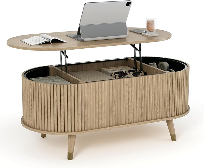 42.5" Oval Lift Top Coffee Table with Storage, Modern Oak Center Table with Fluted Design,Pop Up Coffee Table for Living Room,Solid Wood Legs & Hidden Compartment