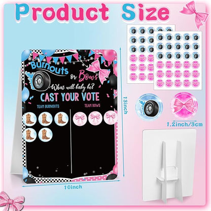 Poen Burnouts or Bows Gender Reveal Game Board with Stand, 60 Pink Bow & Cool Wheel Stickers, Cast Your Vote Baby Shower Party Supplies, Boy or Girl Guessing Game Decorations for Gender Reveal Party