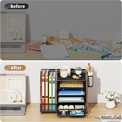 Marbrasse Desk Organizer with File Holder, 5-Tier Paper Letter Tray Organizer with Drawer and 2 Pen Holder, Mesh Desktop Organizer and Storage with Magazine Holder for Office Supplies (Wood-Brown)