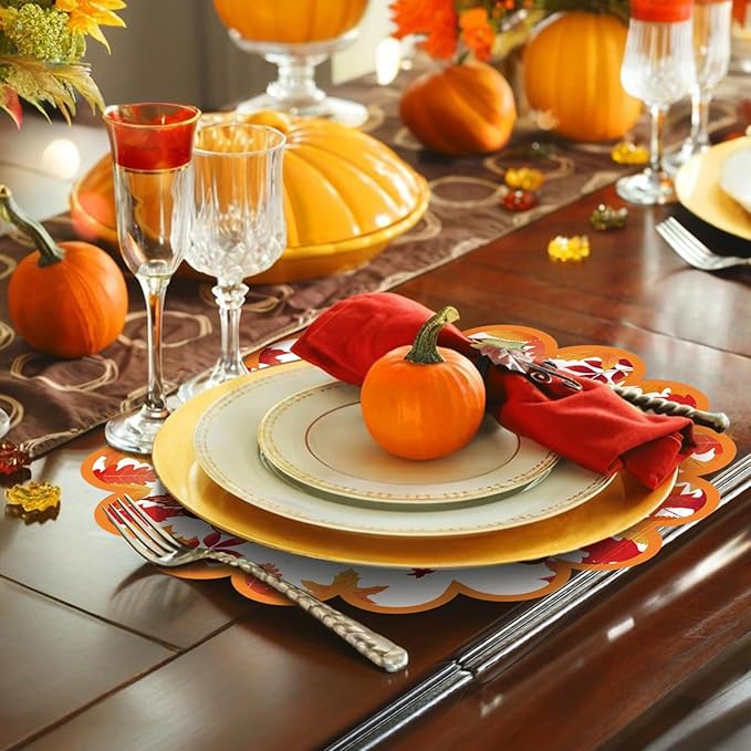 100 Pcs Thanksgiving Fall Paper Placemats Disposable Scalloped Fall Football Paper Placemats Autumn Football Maple Leaf Placemat Harvest Table Mats for Autumn Party Home Kitchen Dining Table Decor