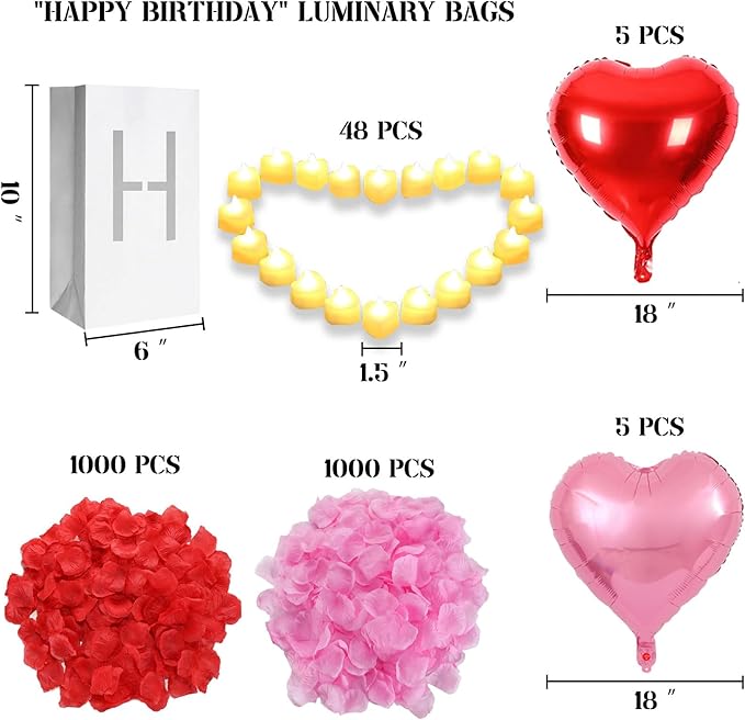 Happy Birthday Lighted Letters Sign 13pcs Luminary Paper Bags 48pcs Flameless LED Candle Tealight 2000pcs Red Pink Rose Petals 15pcs Heart Balloons Romantic Night Valentine's Day Decorations