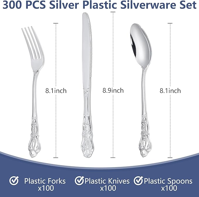 300Pieces Silver Plastic Silverware - Heavy Duty Silver Disposable Utensils - Vintage Plastic Cutlery Set Includes 100 Forks, 100 Spoons, 100 Knives for Dinner Parties Weddings