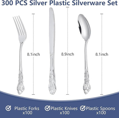 300Pieces Silver Plastic Silverware - Heavy Duty Silver Disposable Utensils - Vintage Plastic Cutlery Set Includes 100 Forks, 100 Spoons, 100 Knives for Dinner Parties Weddings