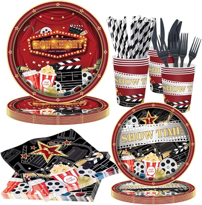 168Pcs Movie Night Party Supplies Movie Theme Birthday Decorations Include Movie Star Plates and Napkins Cups Straws Cutlery Serve 24, Disposable Party Snack Tableware