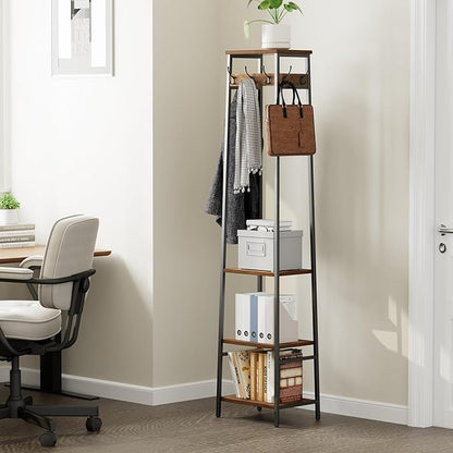 Coat Rack Freestanding, Coat Stand with 3 Shelves and 7 Hooks, Hall Tree Free Standing, Clothes Rack Stand Organizer, Industrial Style, Rustic Brown and Black