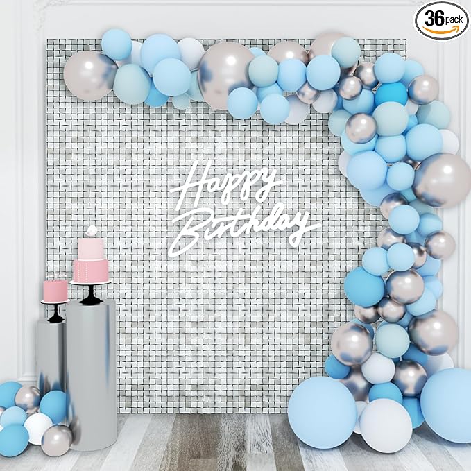 Shimmer Wall Backdrop Silver Square Sequin Wall Panel Backdrop Decor for Wedding, Anniversary, Birthday, Party, 36 Panels