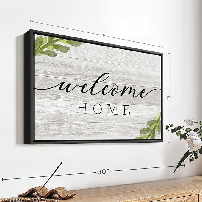 Elephant Stock Rustic Welcome Home Wall Art - Horizontal Floating Framed Canvas - 1-Piece Living Room Wall Decor - Digital Art Inspirational And Typography Canvas Print - Gray and Black Decor for Wall by Natalie Carpentieri - 19" X 13"