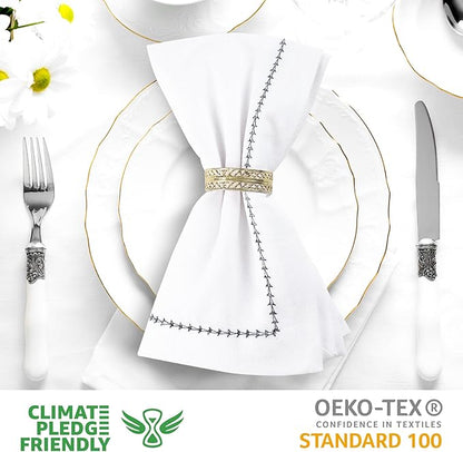 Urban Villa Cloth Napkin Set of 12 Hemstitch White Black 20x20 Inches Premium Soft Cotton Highly Absorbent Reusable & Washable Dinner Table Napkins for Home and Weddings