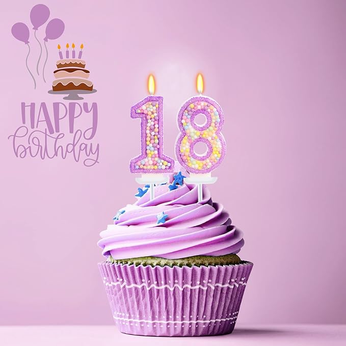 Purple Birthday Candles - Number 18 Candle, Colorful Macaron Candles, 18 Birthday Decorations for Girls, Purple Cake Decorations, Theme Party Supplies
