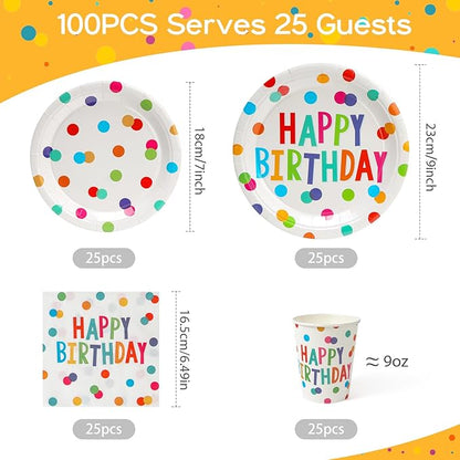 100pcs Birthday Party Plates Disposable Tableware Set Colorful Polka Dots Paper Plates for 25 Guests Party Supplies Baby Shower(Include 7" & 9" Plates, Cups and Napkins)