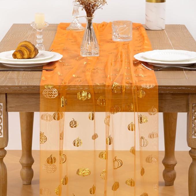 Pumpkin Gold Table Runner for Thanksgiving Sheer Gauze Cheesecloth 120 Inch with Glitter Harvest Feast Decor for Family Gatherings Dining Table Home Celebration - Orange