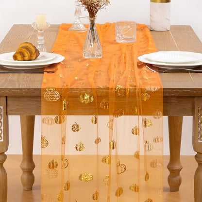 Pumpkin Gold Table Runner for Thanksgiving 3 Pack Sheer Gauze Cheesecloth 120 Inch with Glitter Harvest Feast Decor for Family Gatherings Dining Table Home Celebration - Orange