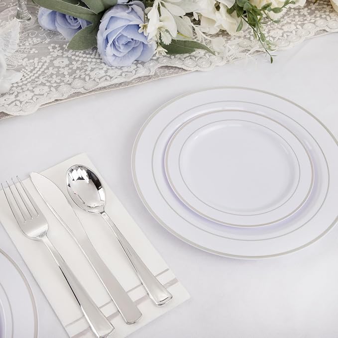 GATHER 350PCS Silver Plastic Plates - White and Silver Disposable Plates for 50 Guests Includes 50 Dinner Plates 50 Dessert Plate 50 Napkins 150 Silvery Cutlery and 50 Cups for Party & Christmas