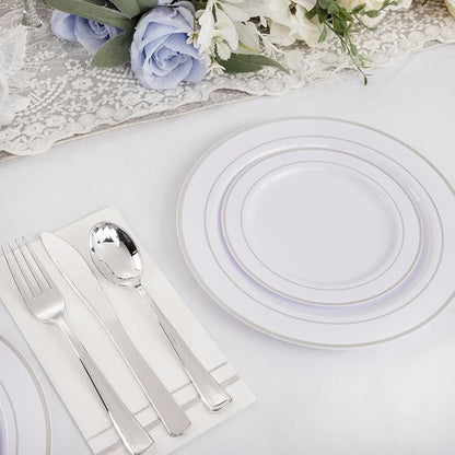 GATHER 350PCS Silver Plastic Plates - White and Silver Disposable Plates for 50 Guests Includes 50 Dinner Plates 50 Dessert Plate 50 Napkins 150 Silvery Cutlery and 50 Cups for Party & Christmas