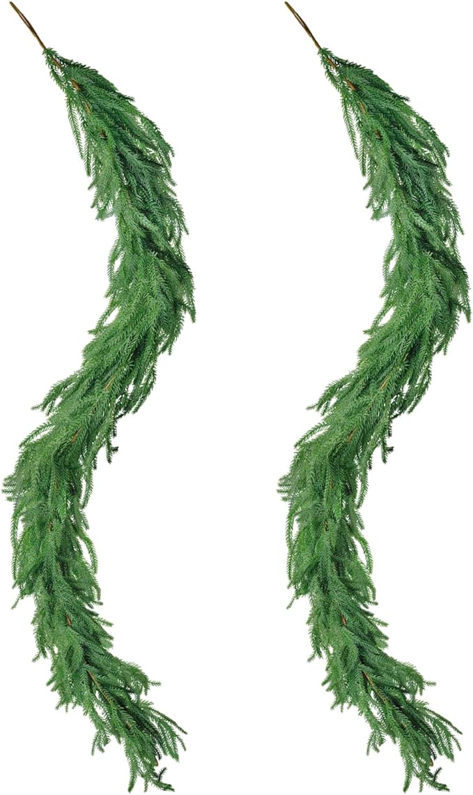 2PCS 6Ft Christmas Norfolk Pine Garland, Realistic Artificial Greenery Cedar Garland for Christmas Holiday Mantel Fireplace Table Indoor Outdoor Decoration