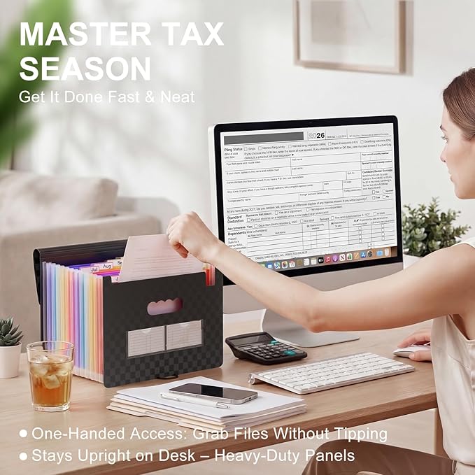 ThinkTex Accordion File Organizer, 12 - Pocket Expanding File Folders for Paper Receipts, Bills & Taxes Organizer, Portable Letter/A4 Size Document Holder for School, Office, Home with Colorful tabs