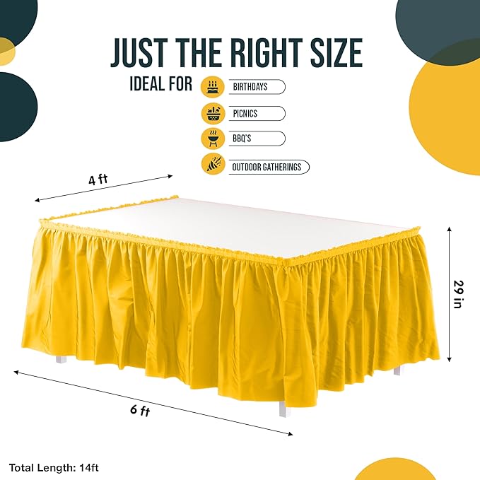Exquisite Ruffle Table Skirt Yellow 6 Pack 14 Ft Long Table Skirts for Rectangle Tables 6ft Plus or Round Tables Skirts with Adhesive Strip for Gender Reveal Decor & Happy Birthday Parties