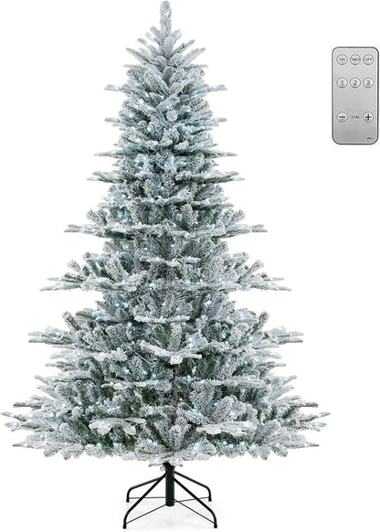 GOFLAME 7FT Pre-Lit Christmas Tree Snow Flocked, Hinged Artificial Xmas Tree with 1119 Branch Tips, 620 Cold White LED Lights, 3 Lighting Modes, Timer, Remote, Holiday Decoration Tree for Home Party
