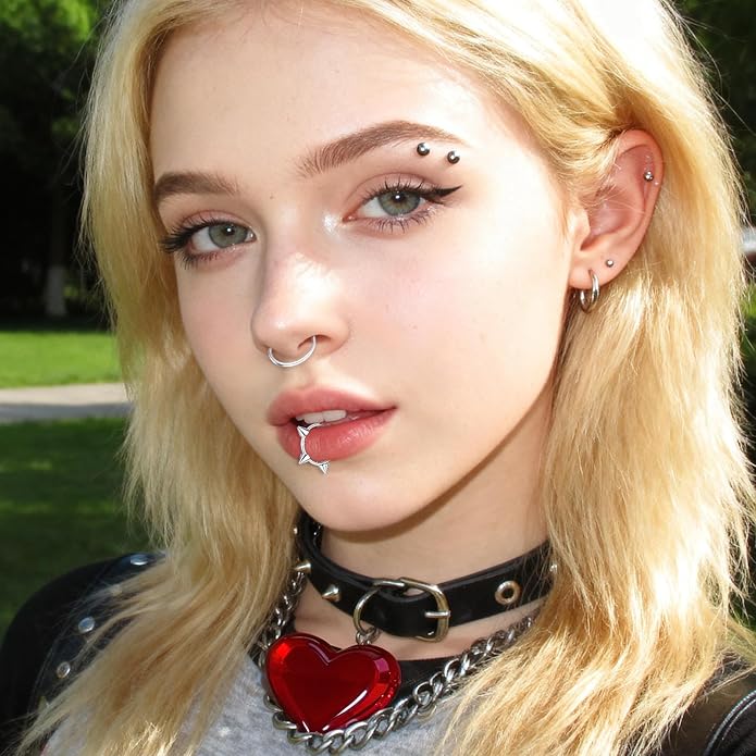 8pcs Adjustable Fake Lip Piercing Vampire Teeth Ring for Halloween,3D Fake Lips Ring Set, Stainless Steel Non-Piercing Lip Cuff Jewelry for Men and Women, Silver