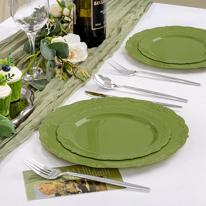 U-QE 100PCS Olive Green Plastic Plates - Plastic Green Plates Disposable Heavy Duty - Olive Disposable Plates for Party Including 50PCS 10'' Dinner & 50PCS 7.5'' Dessert