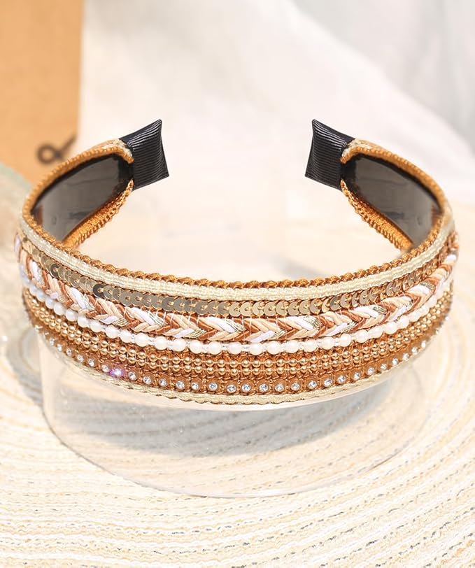 Women's Boho Sequin Pearls Headbands for Women Non Slip, Girls Sparkly Wide Hair Accessories Christmas Gift (Boho Yellow Wide)