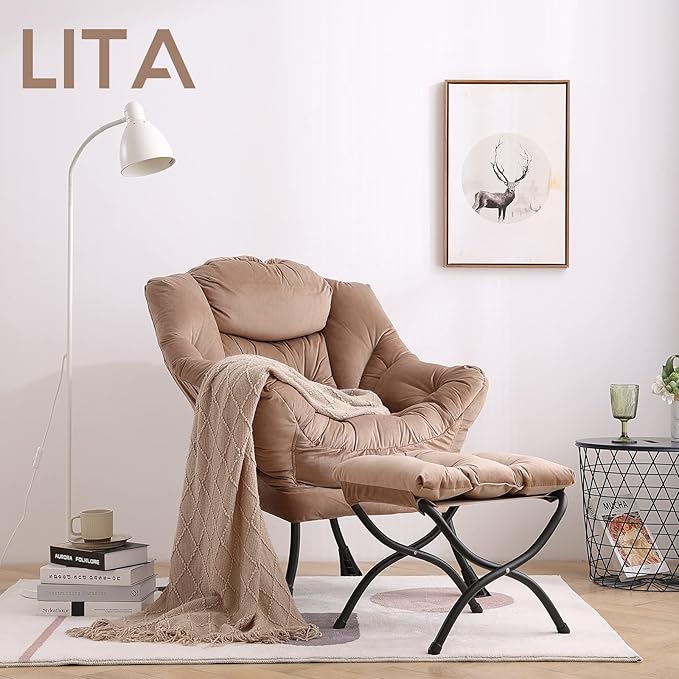 LITA Lazy Chair with Ottoman, Modern Accent Leisure Upholstered Sofa Chair, Contemporary Lounge Reading Chairs with Armrests and a Side Pocket for Living Room, Bedroom & Small Space, Dark Brown
