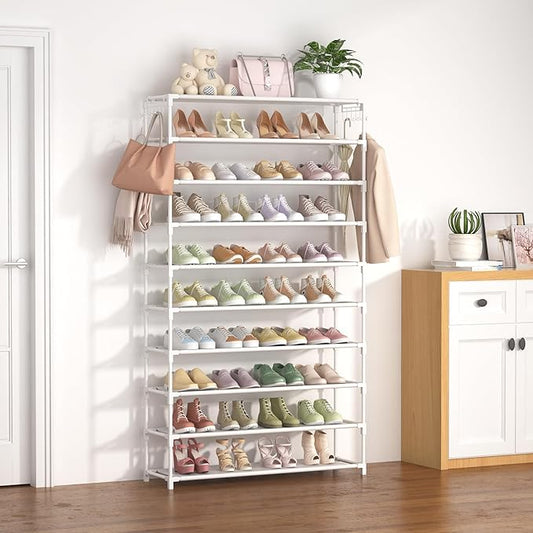 LANTEFUL 10 Tiers Shoe Rack 50 Pairs Large Capacity Tall Shoe Organizer Sturdy Shoe Storage with Two Hooks Space Saving Metal Wide Shoe Rack for Closet, Entryway, Bedroom, White