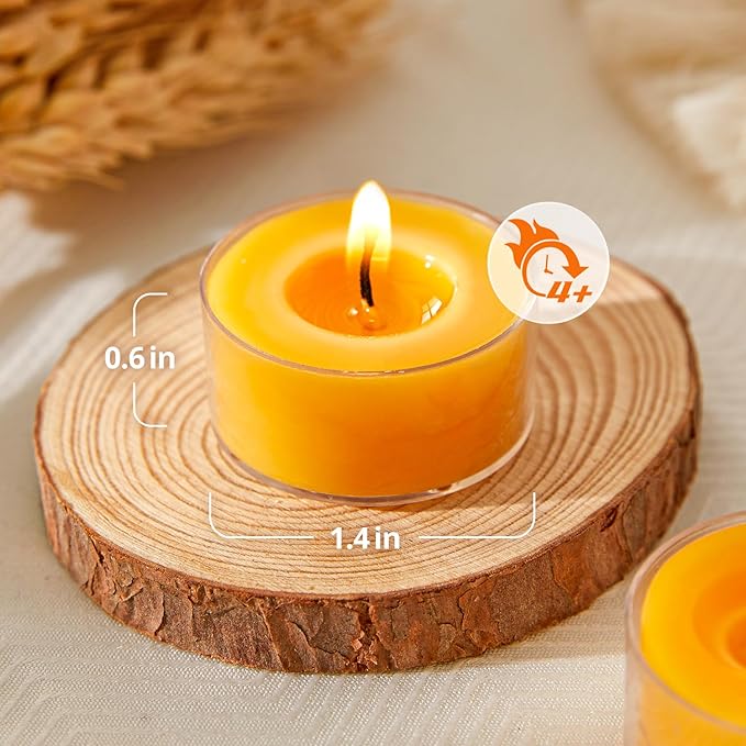 Unscented Beeswax Tea Lights Candles 15 Pack, 4 Hours Long Burning Handmade Yellow Tealight Candles, Clear Cup Smokeless Beeswax Candles for Wedding, Christmas Lights, Centerpiece & Home Decor