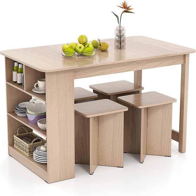 Giantex 5-Pieces Dining Table Set for 4, Kitchen Table Set with Side Storage Shelf, 4 Square Stools, Space-Saving Dining Furniture for Dinner, Dinette, Living Room, Apartment, Restaurant (Natural)
