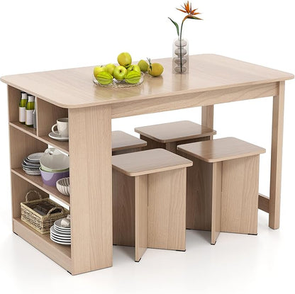 Giantex 5-Pieces Dining Table Set for 4, Kitchen Table Set with Side Storage Shelf, 4 Square Stools, Space-Saving Dining Furniture for Dinner, Dinette, Living Room, Apartment, Restaurant (Natural)