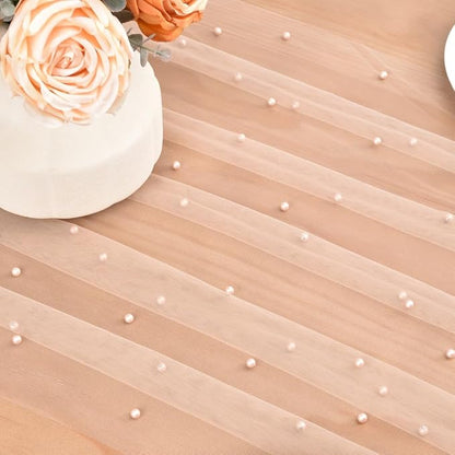 Nude Pearl Fall Thanksgiving Table Runner Boho Rustic Tulle Lace Table Runner for Baby Shower Wedding Arch Decor Veil Dessert Table Decor 3pcs