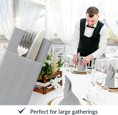 PAW - Linen Feel Napkins with Built-in Flatware Pocket, Airlaid Paper Pre-Folded Napkins for Silverware, Wedding Party, Dinner, Birthday, Gatherings, Monocolor Silver, 50 Count