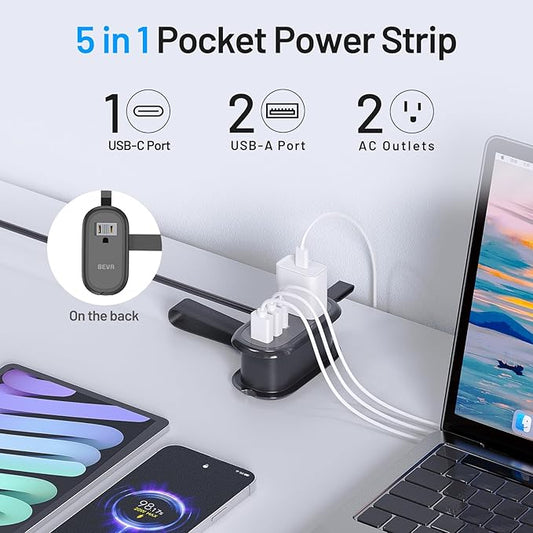 BEVA Travel Power Strip with USB C Ports, 4FT Extension Cord, 2 Outlets, 3 USB Ports, Cruise Ship Essentials (3.4A Charge, Black)