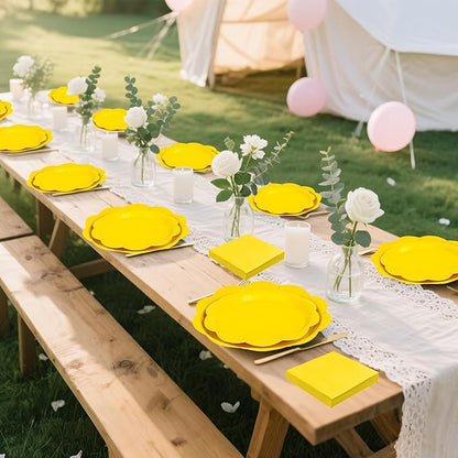 96 Pcs Yellow Paper Plates and Napkins Set Party Supplies, Tableware set for 24 Guest include Disposable Yellow Scalloped Plates, Napkins and Forks for Baby Shower Bridal Shower Wedding Fall Party