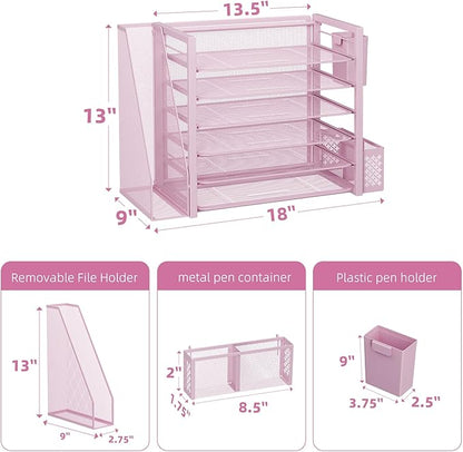 Simple Trending 6 Tier Desk File Organizer, Paper Letter Tray Organizer with File Holder and Pen Container, Pink