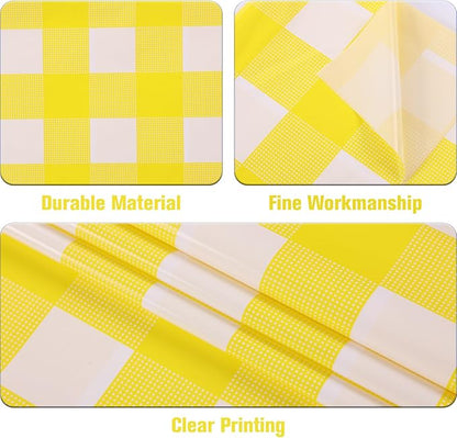 Kesfey 3 Packs Yellow Gingham Tablecloth 54 x 108 Inches Yellow and White Checkered Table Cloths Disposable Plastic Gingham Tablecovers Waterproof Rectangle Picnic Plaid Table Cover for Camping Party