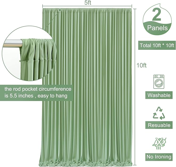 10x10 Sage Green Backdrop Curtain for Parties Wrinkle Free Dark Green Photo Curtains Backdrop Drapes Fabric Decoration for Baby Shower Birthday Party Photography 5ft x 10ft,2 Panels