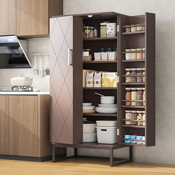 51” Kitchen Pantry Storage Cabinet, White Freestanding Pantry Cabinets with Doors and Adjustable Shelves, Buffet Cupboards Storage Cabinet for Home Office Use, Dinning Room(Brown)