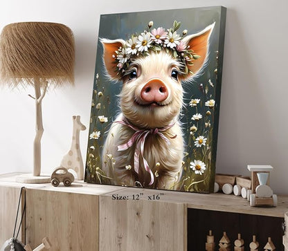 ZOIYINO Farm Animals Canvas Wall Art,Rustic Farmhouse Pig Wall Art,Pig Pictures Wall Decor,Funny Farm Animals Wildflower Bathroom Decor for Living Room Bedroom Kitchen(12"x16"Framed)