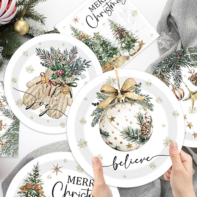 144Pcs Merry Christmas Paper Plates and Napkins -Snowflake Christmas Tree Bell Dinnerware Set for Hello Winter Holiday Xmas Party Supplies