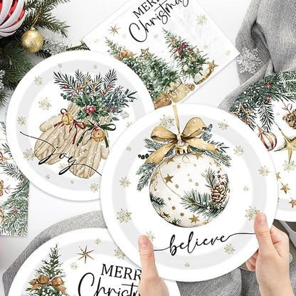 144Pcs Merry Christmas Paper Plates and Napkins -Snowflake Christmas Tree Bell Dinnerware Set for Hello Winter Holiday Xmas Party Supplies